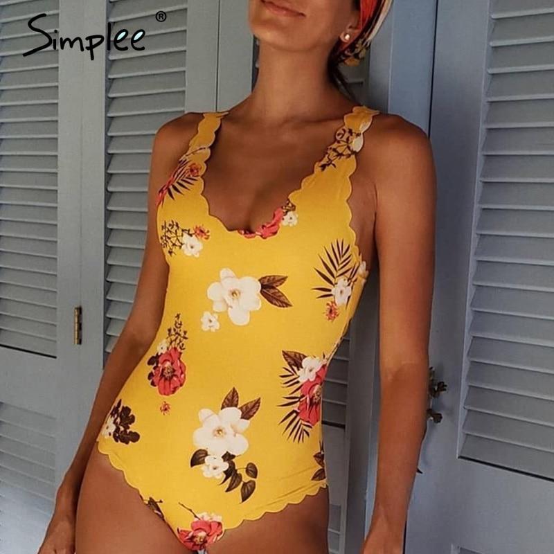 Simplee Floral print one piece playsuit women Summer push up elegant swimwear bodysuit plus size Sexy bodycon beach wear overall