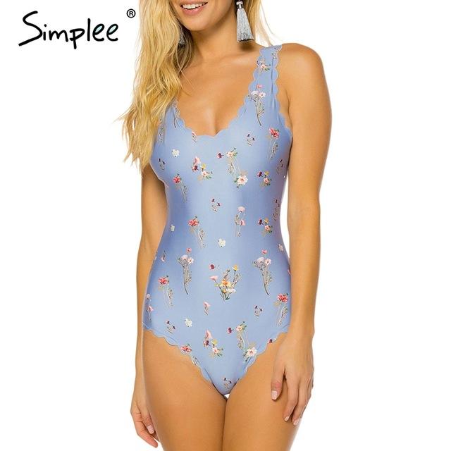 Simplee Floral print one piece playsuit women Summer push up elegant swimwear bodysuit plus size Sexy bodycon beach wear overall