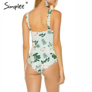 Simplee Floral print one piece playsuit women Summer push up elegant swimwear bodysuit plus size Sexy bodycon beach wear overall