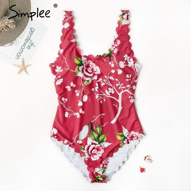 Simplee Floral print one piece playsuit women Summer push up elegant swimwear bodysuit plus size Sexy bodycon beach wear overall