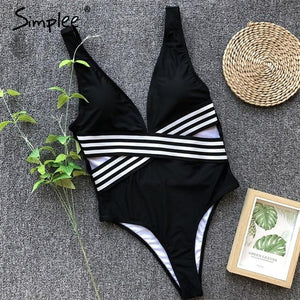 Simplee Sexy one-piece striped women bodysuit Deep V-neck highcut female swimwear Push up bondage beach wear summer playsuit