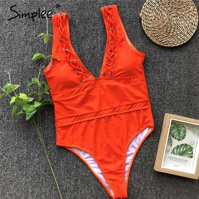 Simplee Sexy one-piece striped women bodysuit Deep V-neck highcut female swimwear Push up bondage beach wear summer playsuit