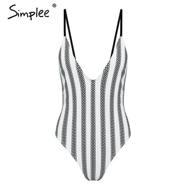 Simplee Sexy striped white bodysuit women Push up print adjustable strap bathing suit swimwear Summer beach wear female playsuit