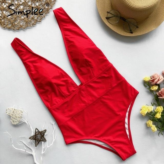 Simplee Sexy red one piece women bodysuit Push up V neck bathing suit swimwear overall Summer sleeveless female solid playsuit