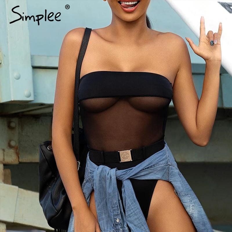 Simplee Sexy mesh women bodysuits Buckle see through one piece black swimsuit Push up padded female casual bikini 2019 swimwear