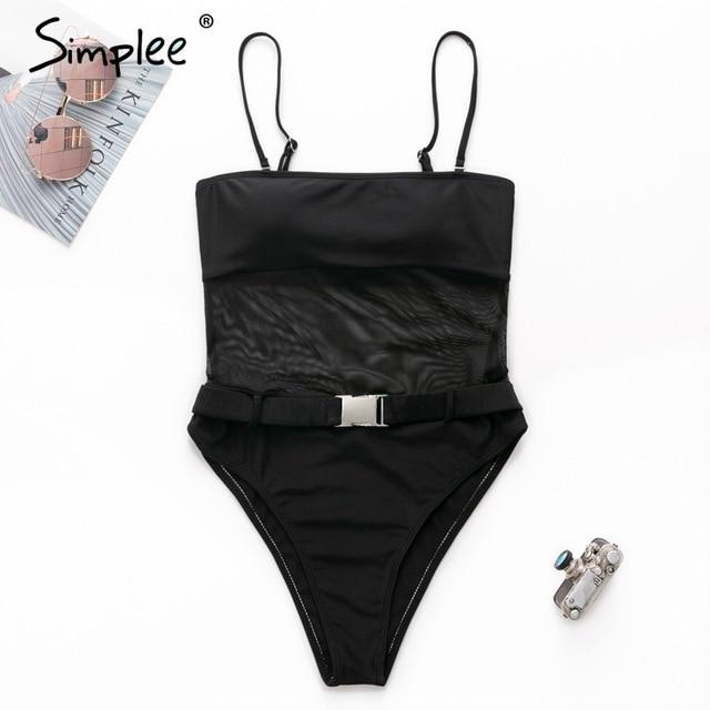 Simplee Sexy mesh women bodysuits Buckle see through one piece black swimsuit Push up padded female casual bikini 2019 swimwear