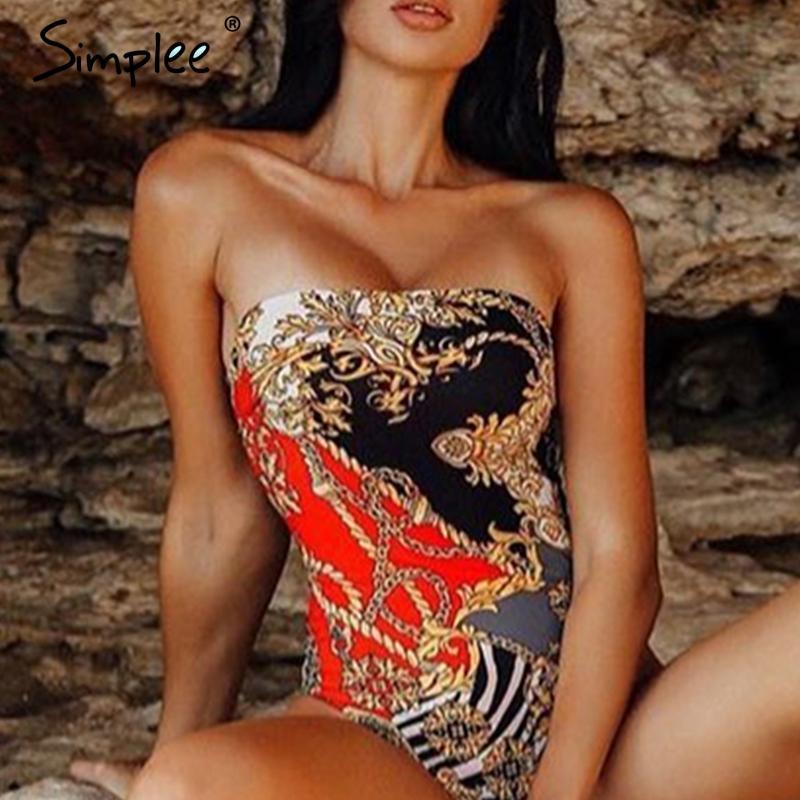 Simplee Ethnic print one-piece bodysuit women Sleevess high cut female swimwear suit Sexy padded summer beachwear bathsuit 2019