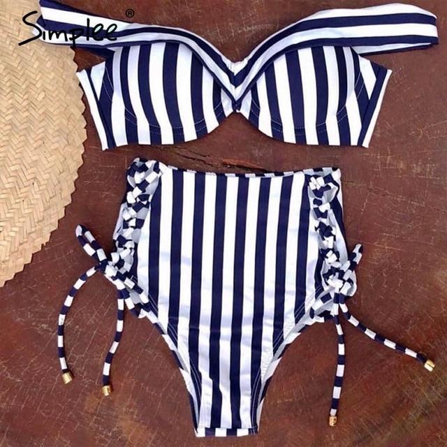 Simplee Sexy striped two pieces women bra Push up lace up swimwear bodysuit High waist beach bikinis 2019 mujer bathing suit