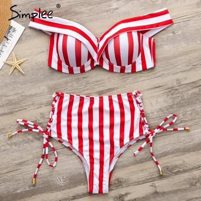 Simplee Sexy striped two pieces women bra Push up lace up swimwear bodysuit High waist beach bikinis 2019 mujer bathing suit