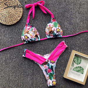 Simplee Vintage leopard print women bra sets bodysuit 2019 Push up thong bodysuit halter female High cut floral summer swimwear