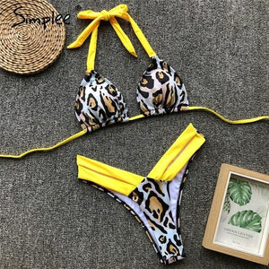 Simplee Vintage leopard print women bra sets bodysuit 2019 Push up thong bodysuit halter female High cut floral summer swimwear