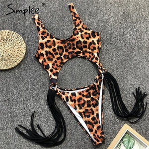 Simplee Vintage leopard women bodysuit Tassel high cut summer swimwear Sexy one-piece swimsuit Push up fashion animal bra sets