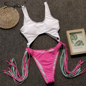 Simplee Vintage leopard women bodysuit Tassel high cut summer swimwear Sexy one-piece swimsuit Push up fashion animal bra sets