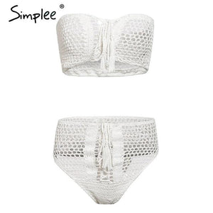 Simplee Sexy two piece women bodysuits Strapless lace up hollow out white playsuit Holiday beach swimwear summer playsuits 2019