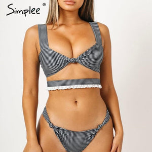 Simplee Sexy lace plaid two-pieces swimsuit Hollow out swimsuit black female bathers Strap push up swimwear female bodysuit 2019