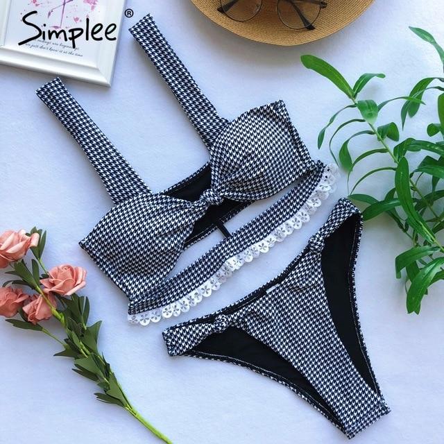 Simplee Sexy lace plaid two-pieces swimsuit Hollow out swimsuit black female bathers Strap push up swimwear female bodysuit 2019