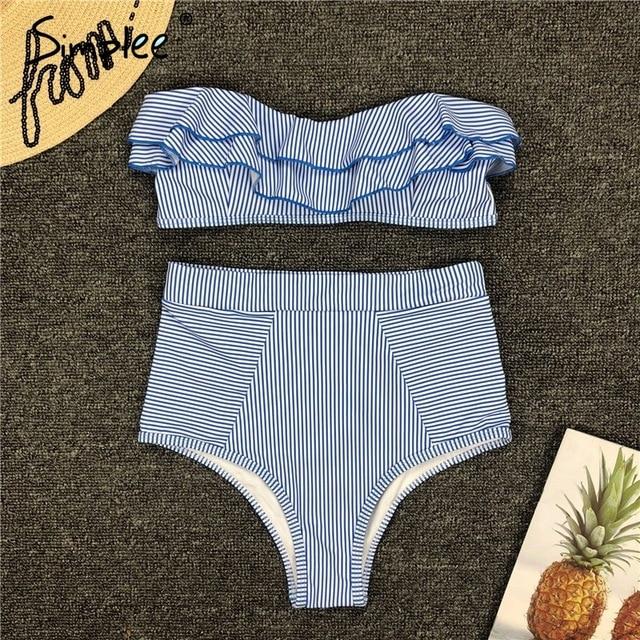 Simplee Ruffle Striped high waist women bathing suit Push up padded intimates female sexy swimwear Retro beach 2 pieces bodysuit